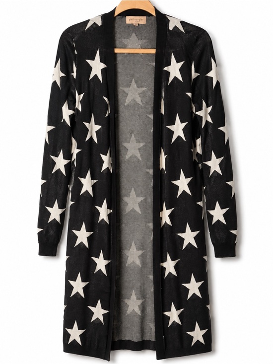 Philosophy Sweaters - Philosophy Black Open Cardigan with White Star Print